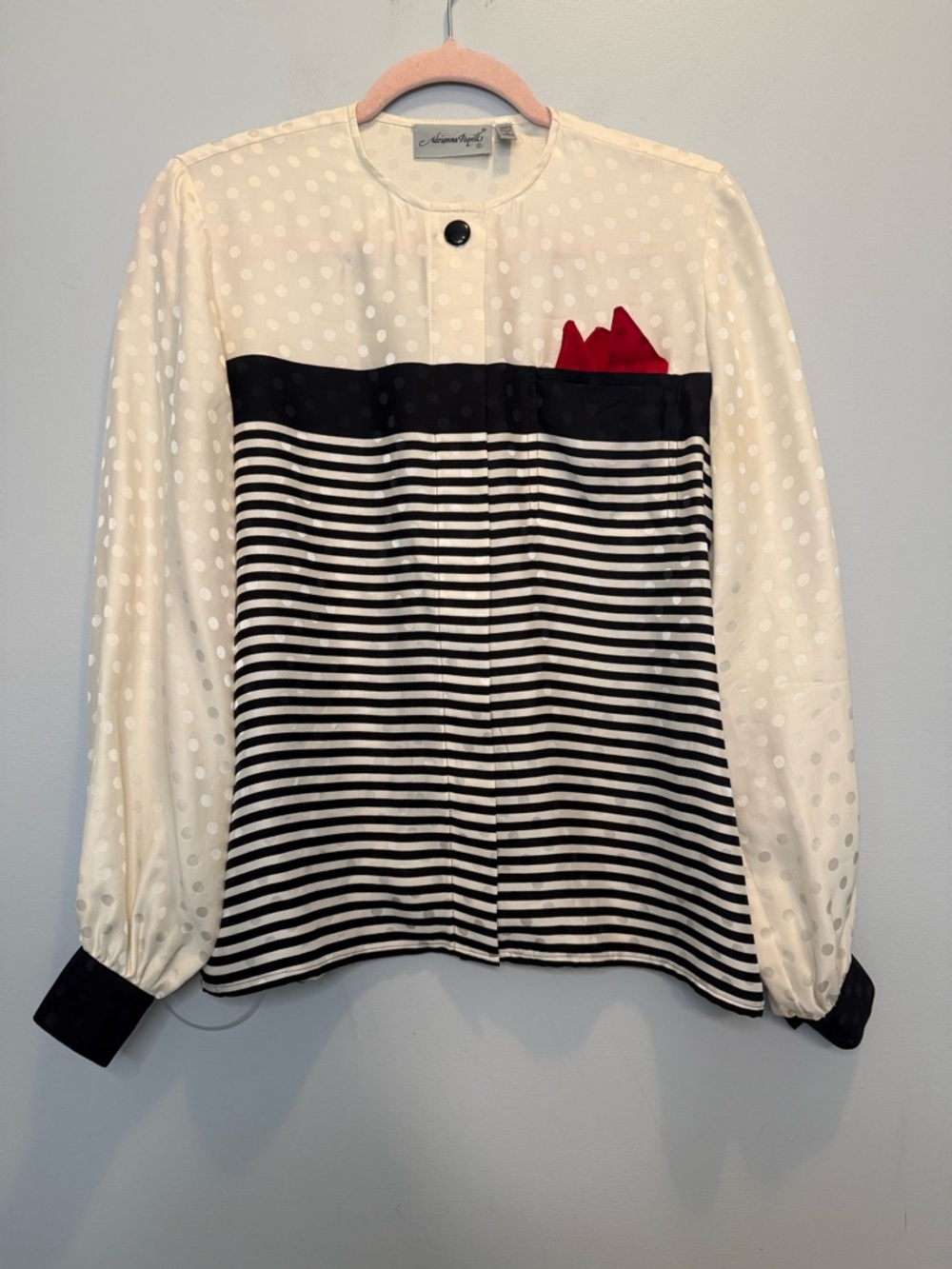 VINTAGE Adrianna Papell 100% Silk Mixed Print Striped Polka Dot Blouse Size 6